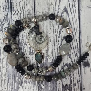 Labradorite Sterling Silver Ammonite Fossil Onyx Pendant Necklace Handmade